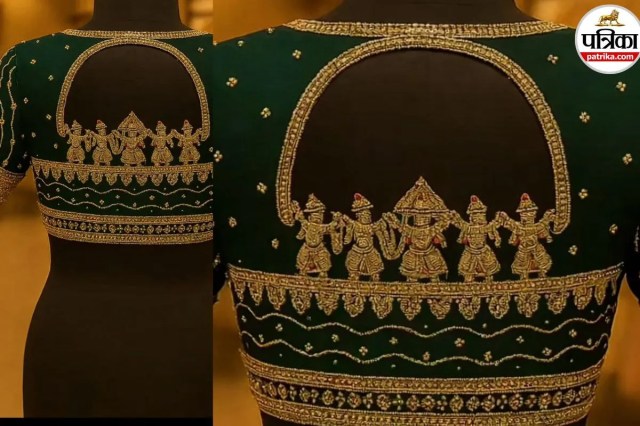 Traditional green temple motif blouse, South Indian style bridal back design