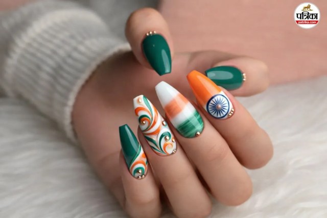 Indian flag nail art design, Tricolor nails with Ashoka Chakra