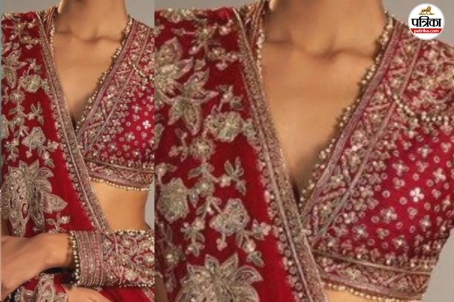 Royal red V-neck bridal blouse, Elegant red wedding blouse front neck
