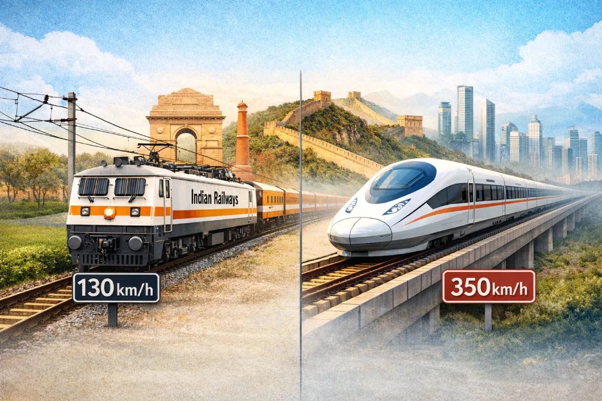 India vs China railway speed comparison showing Indian train and Chinese bullet train , भारत बनाम चीन रेलवे तुलना, भारतीय ट्रेन और चीनी हाई स्पीड बुलेट ट्रेन, Comparison of Indian Railways electrification and China high speed rail network