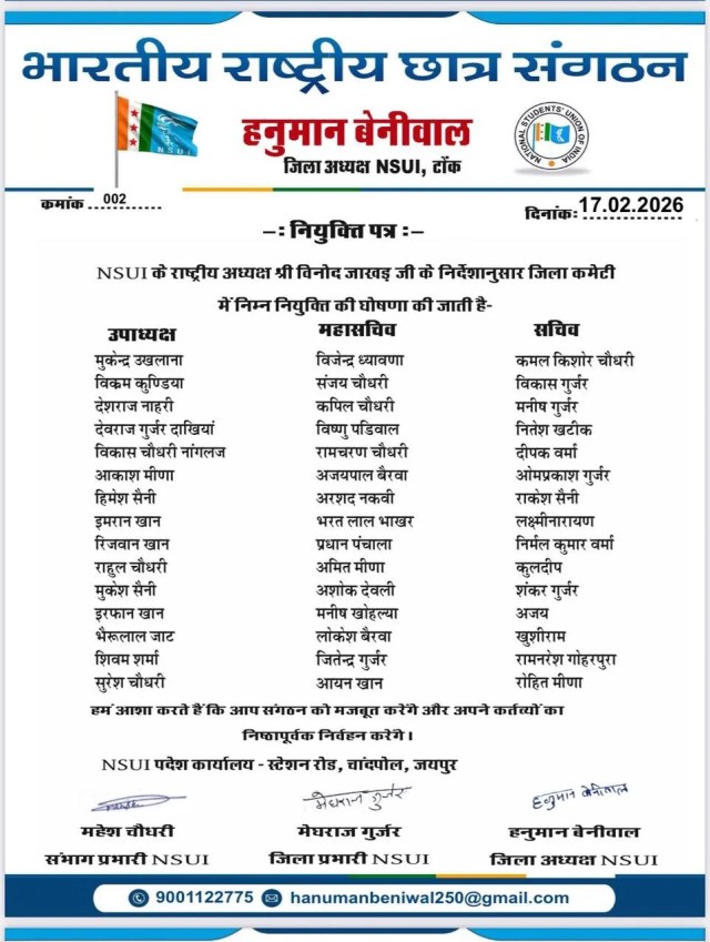 Tonk NSUI New District Committee 