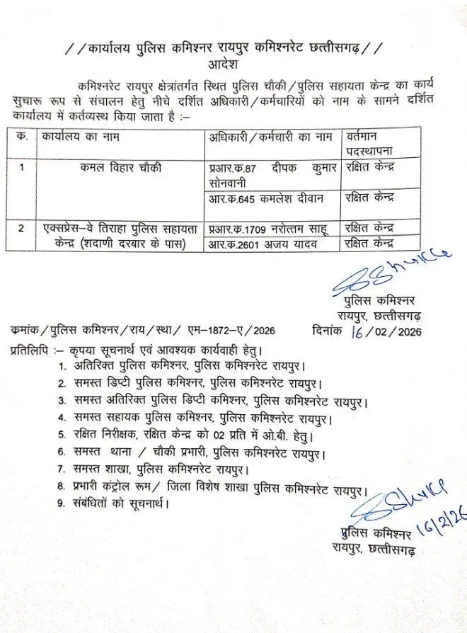 CG Police Transfer: कमिश्नरेट में कई पुलिसकर्मी इधर से उधर, कमिश्नर ने जारी किया आदेश