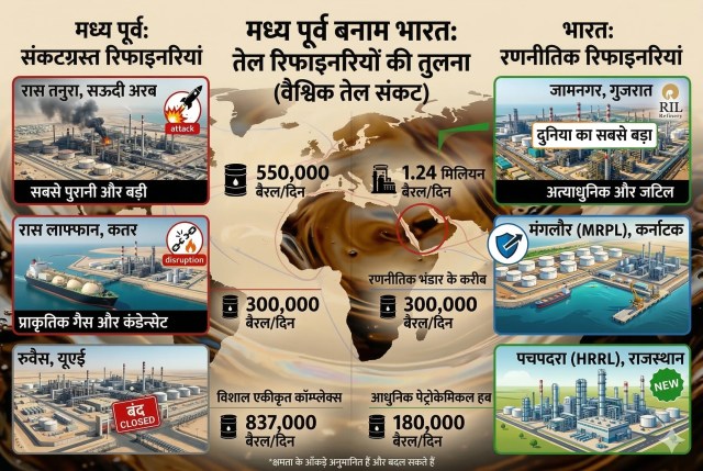 अरब व भारत की रिफाइनरियां और तेल उपलब्धता।