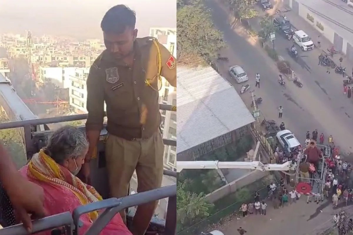 Jaipur Fire in 10 Storey Building 8 Trapped on Terrace Elderly Woman Rescued by Crane 200 Inside