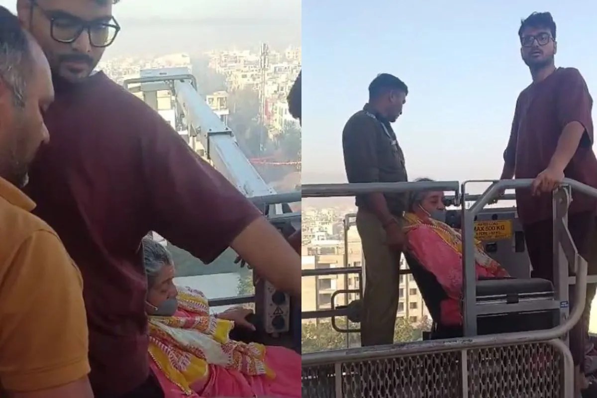 Jaipur Fire in 10 Storey Building 8 Trapped on Terrace Elderly Woman Rescued by Crane 200 Inside