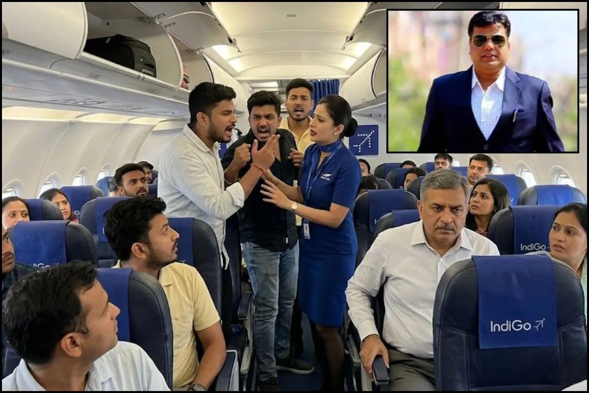 प्लेन में विवाद की एआई से तैयार की गई तस्वीर और इनसेट में आईपीएस चौधरी, फोटो - पत्रिका