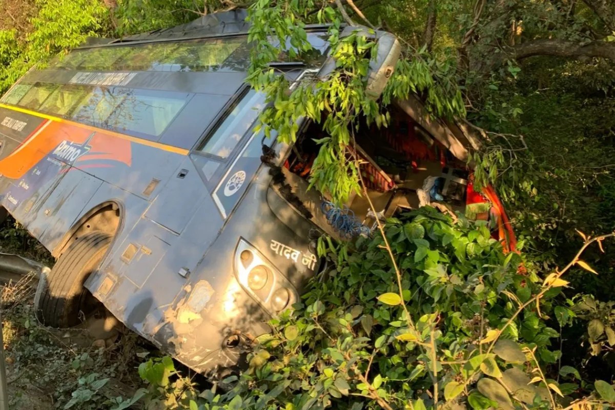 सड़क के किनारे झाड़ियां में पलटी बस फोटो सोर्स पत्रिका