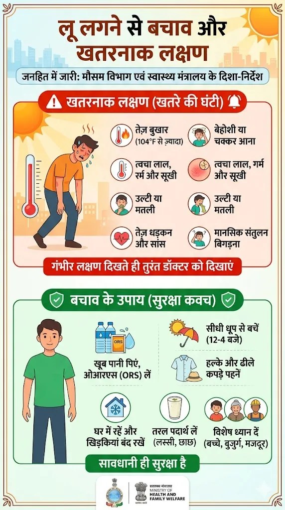Heat Stroke Symptoms and Prevention chart In Hindi