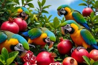 Parrots eating pomegranates