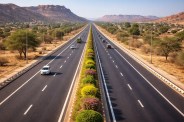 Rajasthan Highways, New Highways in Rajasthan, Rajasthan Highway Project, Rajasthan highway modernization, India expressway, modern six lane highway, rural highway landscape India, road infrastructure development, world bank highway project, scenic highway desert landscape, high speed road network India, traffic on modern expressway, futuristic highway design, Indian road construction update, highway aerial view, transportation infrastructure India, smooth asphalt highway, green median highway design