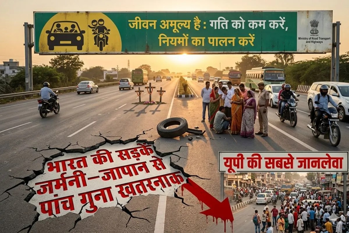 जर्मनी-जापान से पांच गुना खतरनाक भारतीय सड़कें, A powerful infographic illustrating the comparative road accident risk levels, highlighting India's significantly higher risk