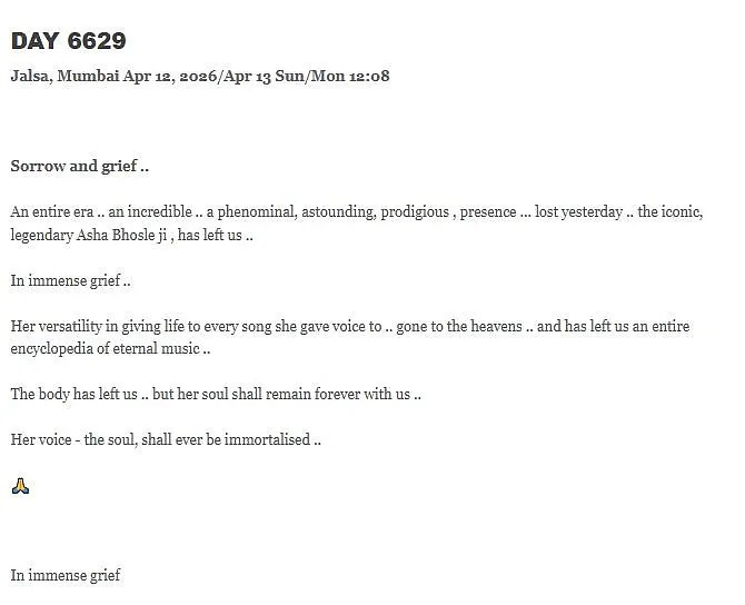 Amitabh Bachchan Mourns Asha Bhosle Death