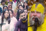 Virat kohli anushka sharma sitting on floor at radha keli kunj vrindavan with Premanand Maharaj