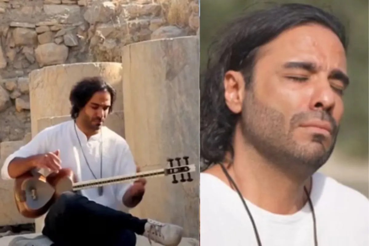 Iranian artist Ali Ghamsari performs in front of ghamsari power plant