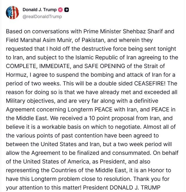 US President Donald Trump issued a statement on Truth Social.