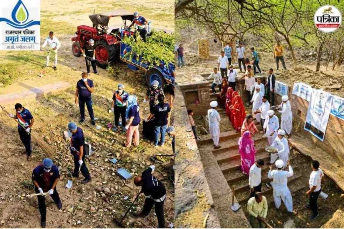 राजस्थान पत्रिका 'अमृतं जलम्' अभियान में श्रमदान करते लोग, पत्रिका फोटो