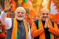 Narendra Modi and Amit Shah reacting to BJP victory in West Bengal election results 2026.