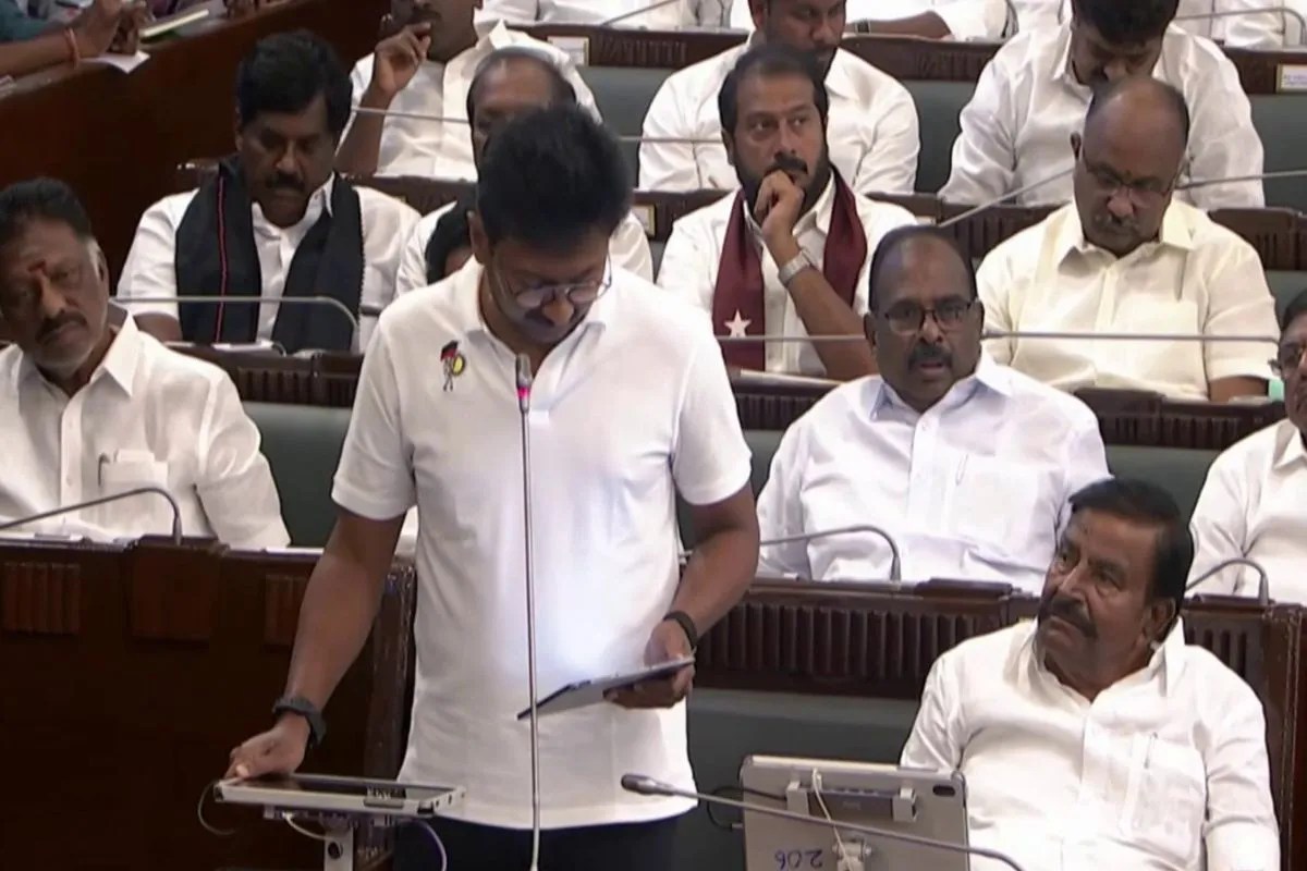 Tamil Nadu Opposition leader Udhayanidhi Stalin speaking in the state assembly during a debate, addressing political issues and making controversial remarks on Sanatan Dharma, leading to criticism from BJP leaders.