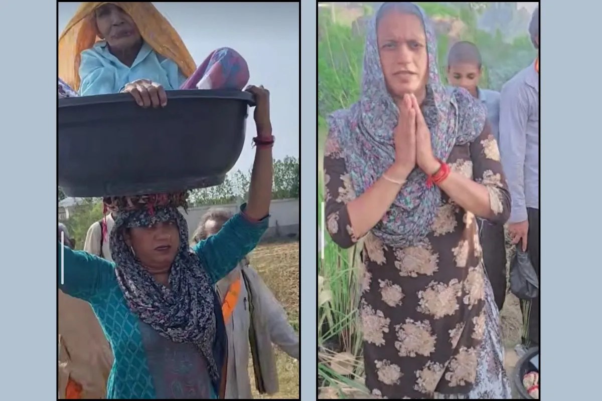 हरियाणवी गायिका काजल चौधरी 90 वर्षीय सास चन्द्री देवी को टब में बैठाकर 84 कोस परिक्रमा कराती हुईं।