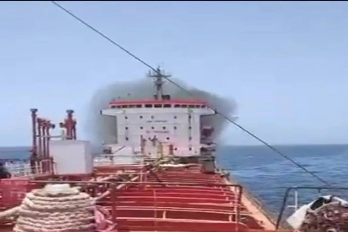 Cargo ship navigating the sea near the Strait of Hormuz.