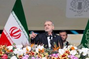 Iran President Masoud Pezeshkian speaking at event