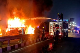 moving bus caught fire