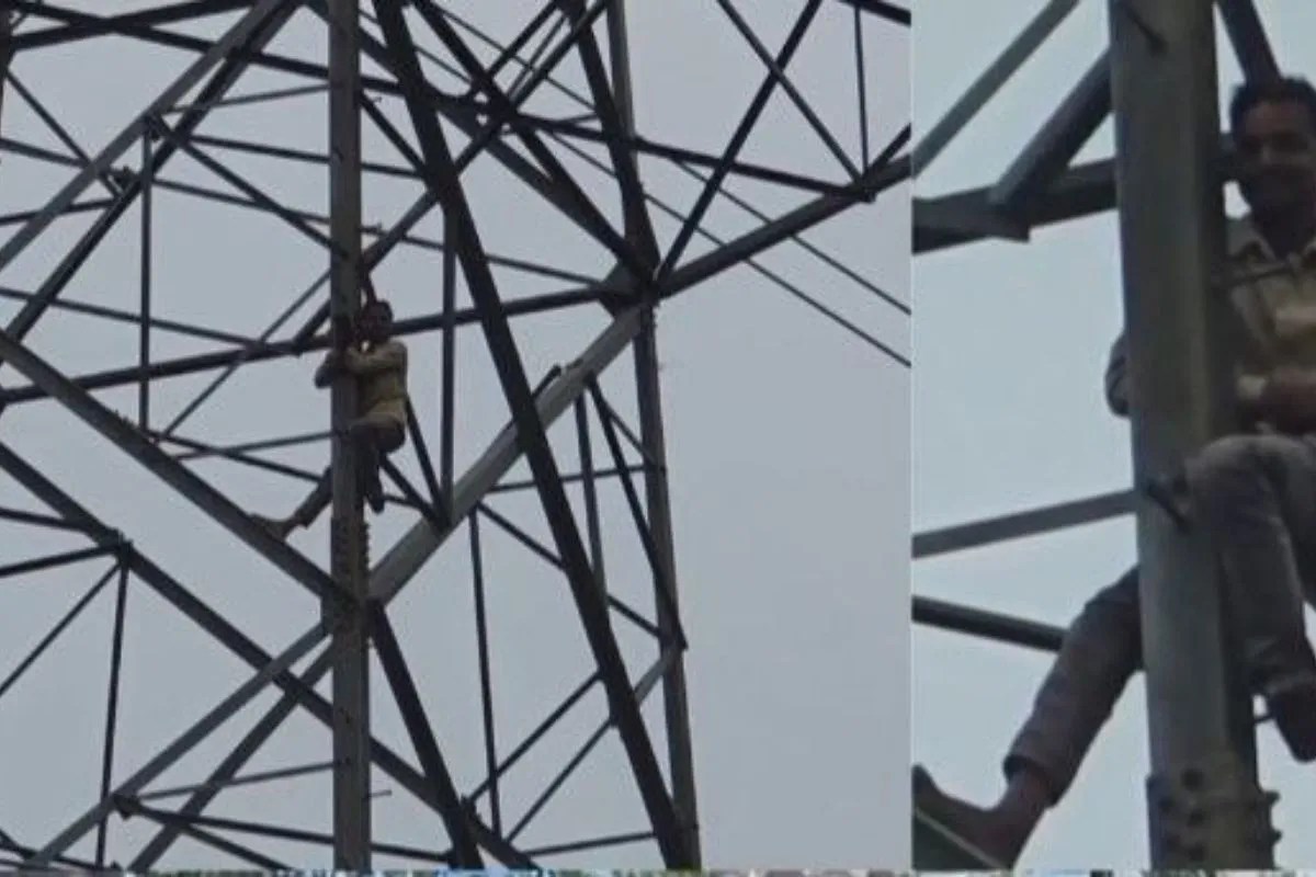 हाईवोल्टेज टावर पर चढ़ा युवक (फोटो सोर्स- पत्रिका)