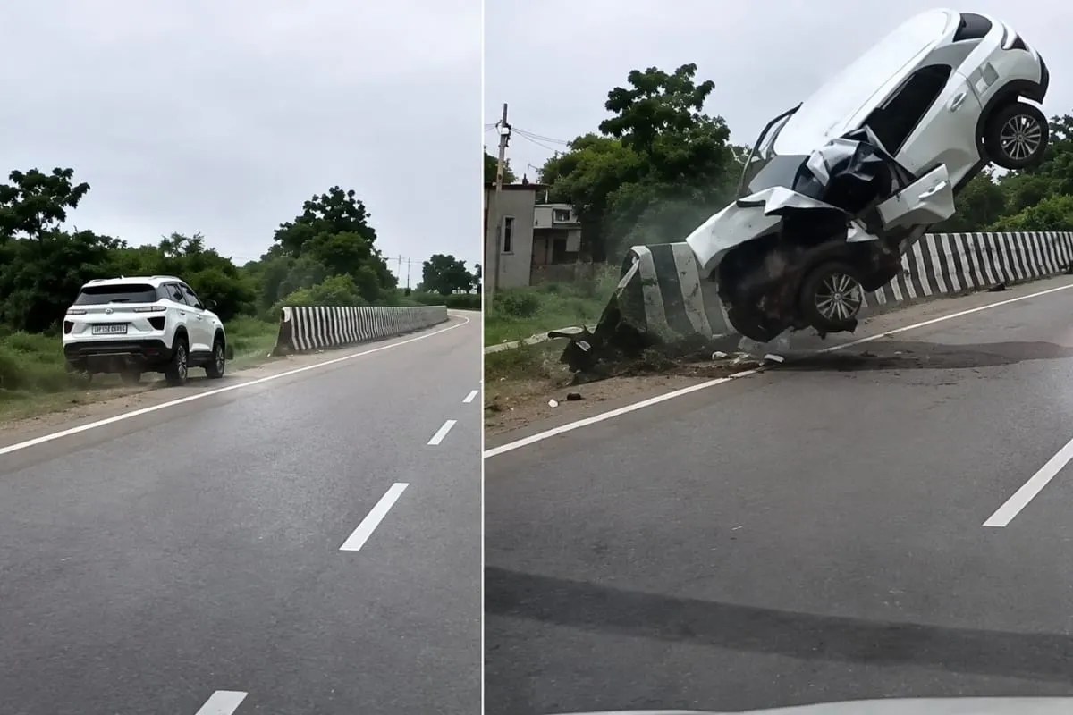 दुर्घटनाग्रस्त कार, फोटो सोर्स- X वीडियो ग्रैब