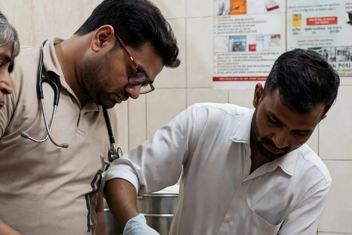 घायल का इलाज करते डॉक्टर, फोटो सोर्स- पत्रिका