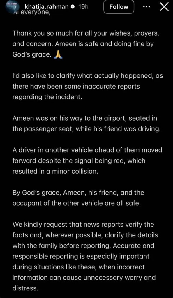AR Ameen statement on car accident