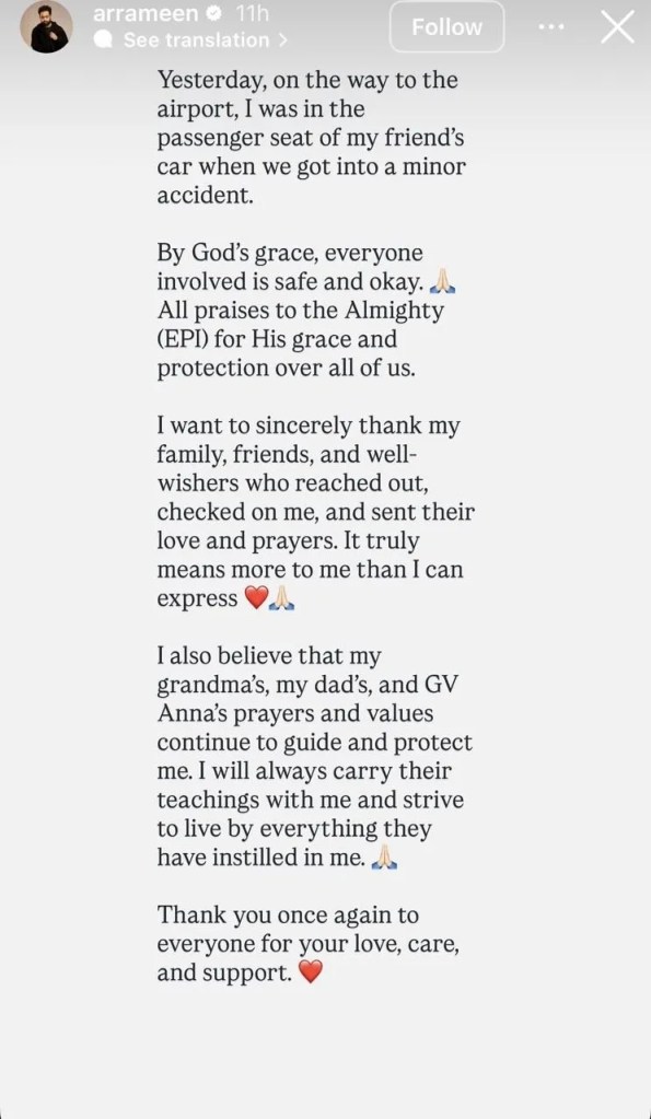 AR Ameen statement on car accident