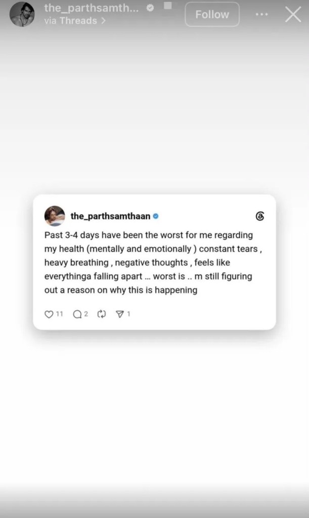 Parth Samthaan emotional post
