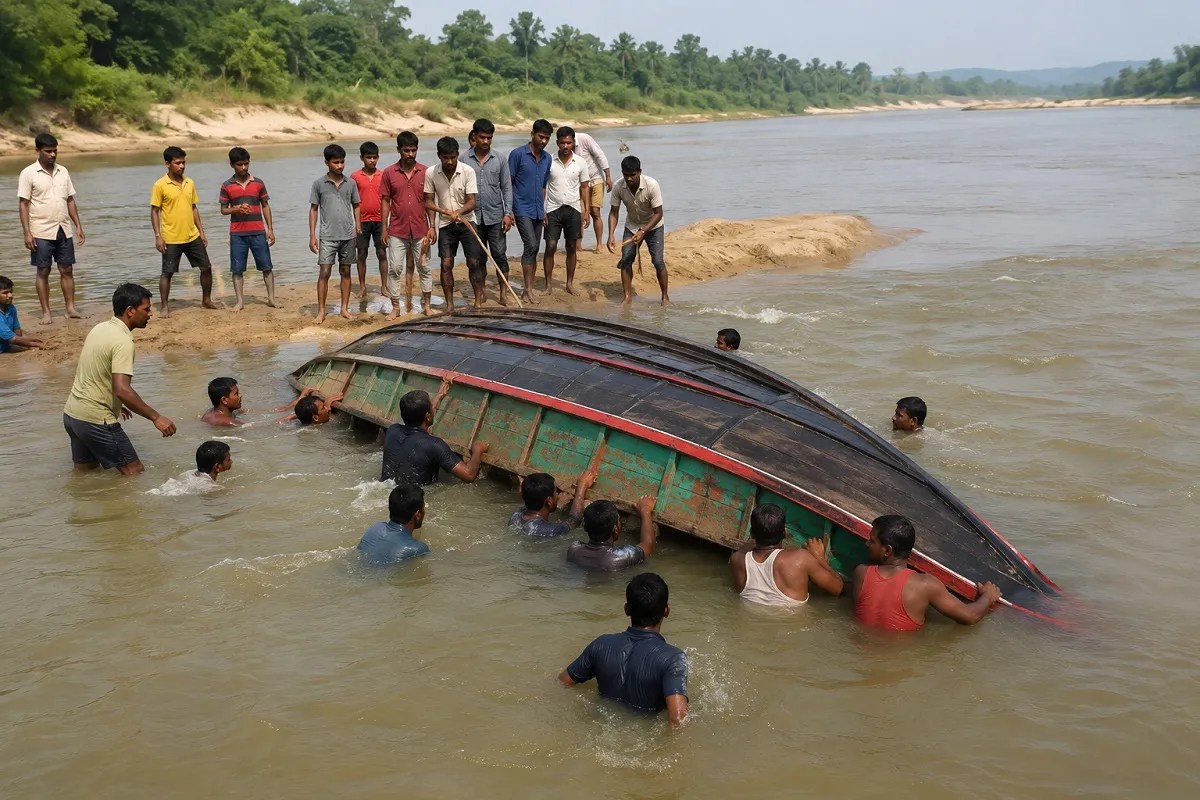People rescuing a capsized boat