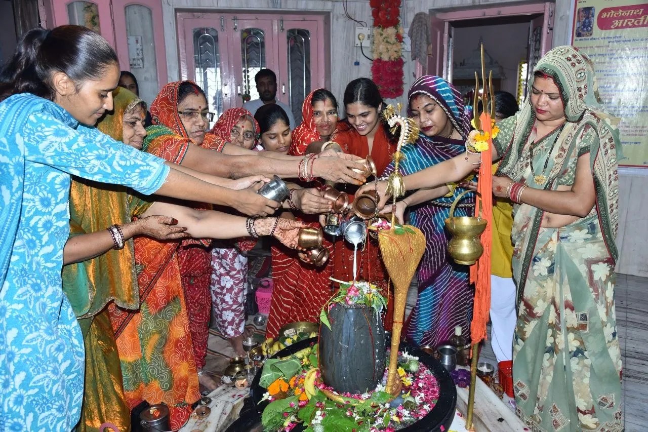 Nagaur. Devotees perform Abhishekam at Shaneshwar Mahadev Temple located at Shivbari.