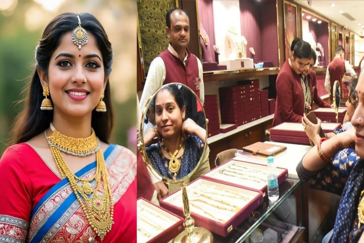 सर्राफा बाजार में खरीदारी करते ग्राहक और आभूषणों की दुकानों पर बढ़ी रौनक (फोटो सोर्स : भाषा संवाद WhatsApp News Group/AI)