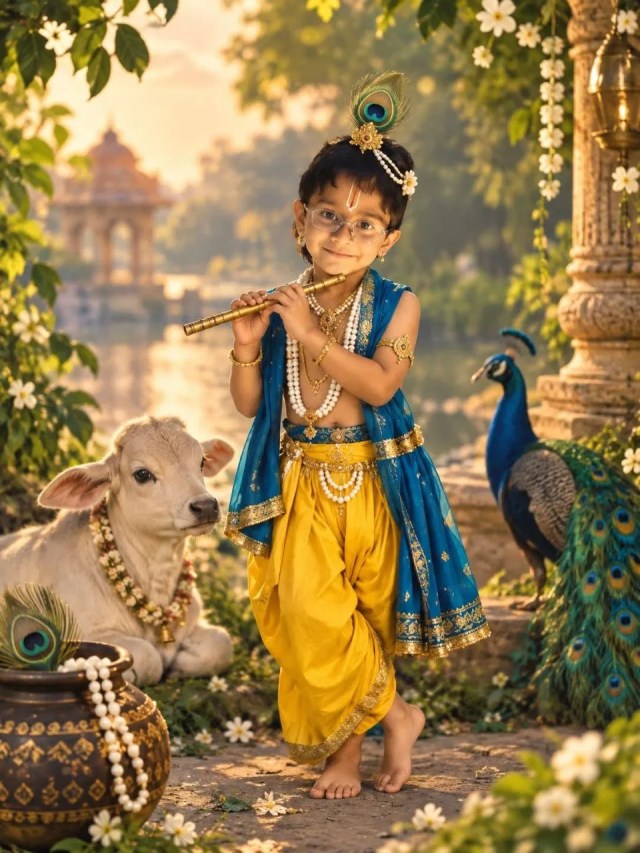 
मोर पंख से सजा मकुट, गले में मोतियों की माला और हाथों में बांसुरी... सात वर्षीय सार्थक बने मनमोहक कान्हा।
हुब्बल्ली के इस नन्हे कृष्ण की बांसुरी वाली मुद्रा ने तस्वीर को बना दिया यादगार।
