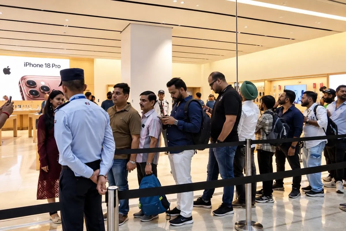 People waiting in a long queue at an Apple Store for iPhone 18