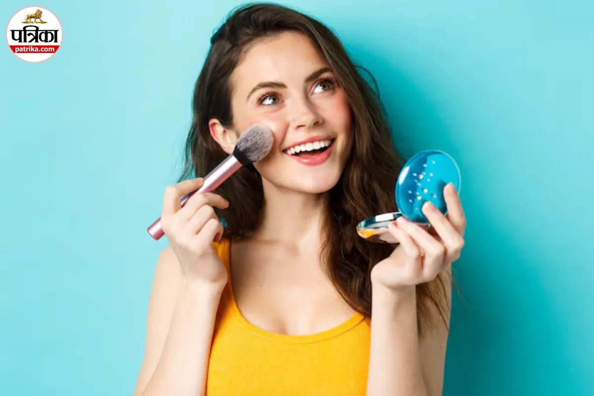 Assorted makeup products with expiry symbols next to a young child getting light safe makeup applied carefully