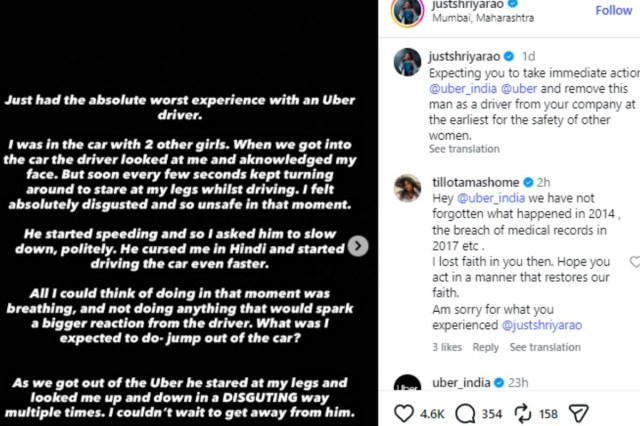 Shriya Rao instagram post on uber experience