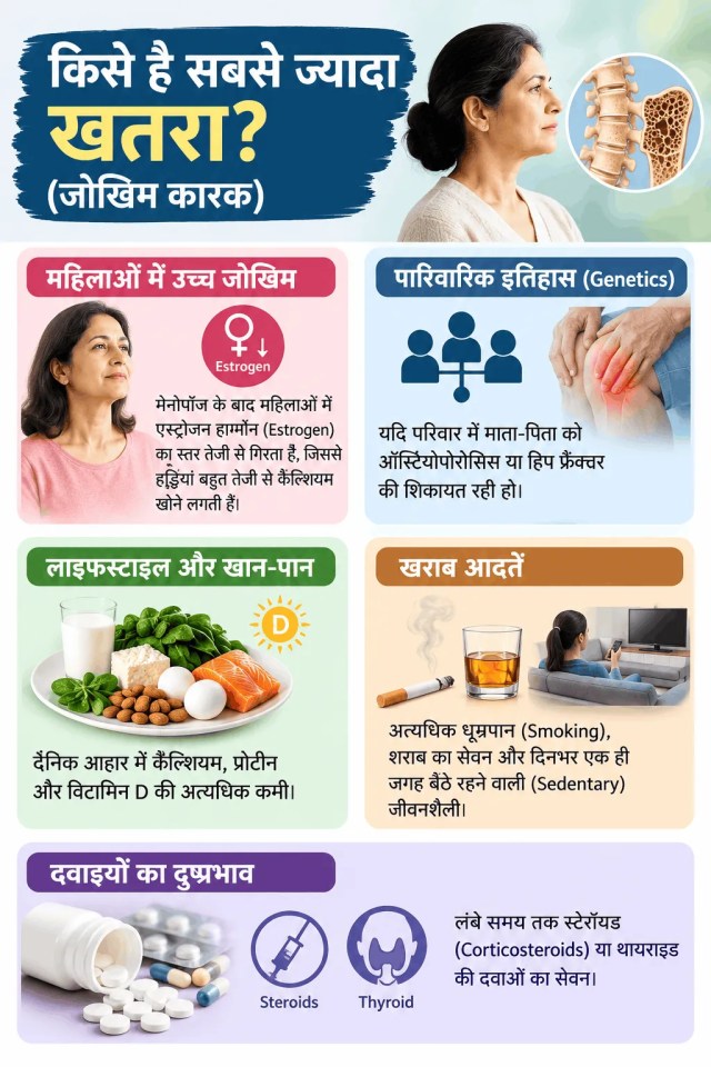 ऑस्टियोपोरोसिस के जोखिम कारकों को दर्शाता इन्फोग्राफिक, जिसमें मेनोपॉज के बाद महिलाओं में एस्ट्रोजन की कमी, पारिवारिक इतिहास, कैल्शियम, प्रोटीन और विटामिन D की कमी, धूम्रपान, शराब, निष्क्रिय जीवनशैली और लंबे समय तक स्टेरॉयड या थायराइड की दवाएं लेने से जुड़े जोखिम बताए गए हैं।