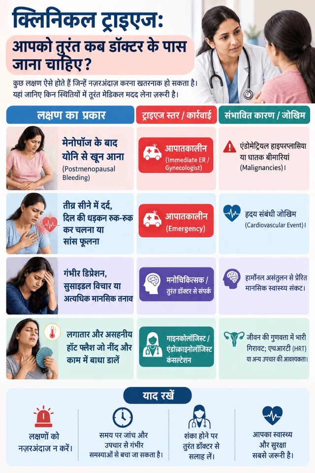 Menopause clinical triage chart outlining red flag symptoms, emergency warnings like postmenopausal bleeding, and recommended medical care levels for women.
