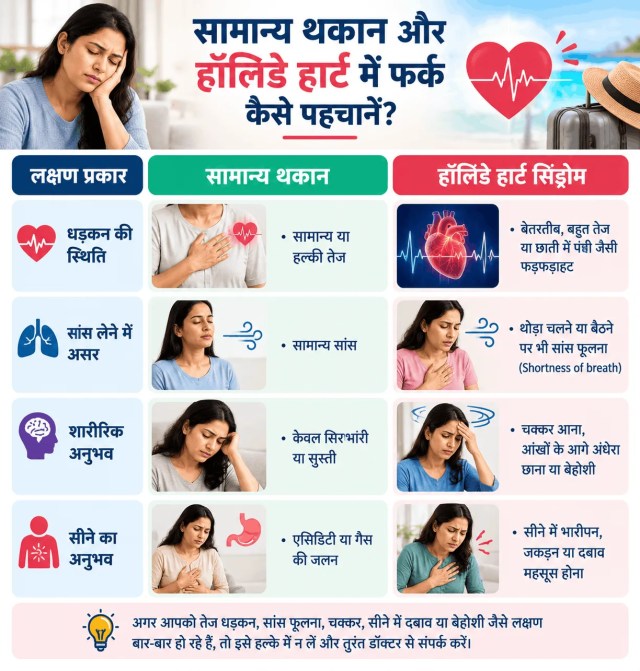 सामान्य थकान और हॉलिडे हार्ट सिंड्रोम के लक्षणों को दिखाती तस्वीर, जिसमें थकान से परेशान महिला और सीने में दर्द व तेज धड़कन से जूझती महिला नजर आ रही हैं।