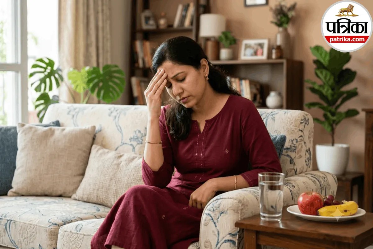 व्रत में सिरदर्द से परेशान महिला अपने सिर को पकड़े हुए