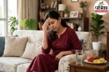 व्रत में सिरदर्द से परेशान महिला अपने सिर को पकड़े हुए