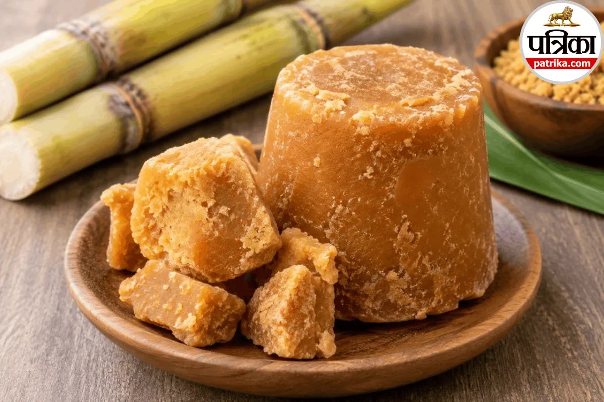 A piece of unrefined brown jaggery block with sugar cane in a bowl for Navratri fasting diet health benefits