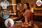 पीरियड्स के दौरान महिला करवा चौथ की थाली पकड़े हुए, सेहत और व्रत से जुड़ी जानकारी।