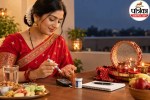 A woman with diabetes checking her blood sugar level using a glucometer during Karwa Chauth.