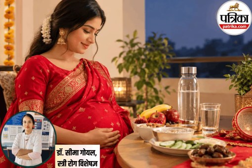 A pregnant woman looking Karwa Chauth while wearing traditional attire.