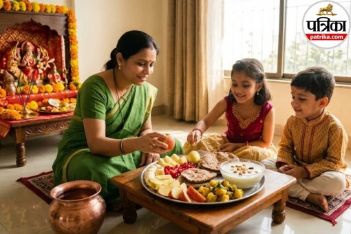Assorted healthy fasting foods like fresh fruits, dry fruits, and nuts for Navratri morning.