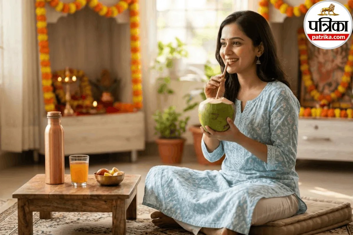 A person drinking fresh coconut water during Navratri fasting in a clean home environment